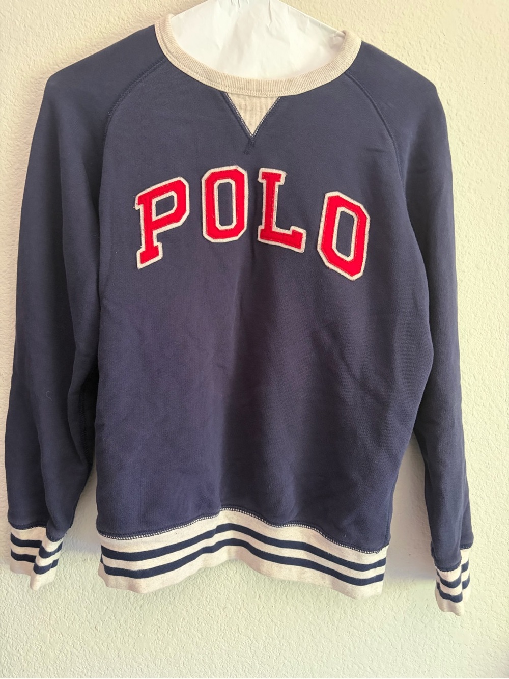 Polo by Ralph Lauren Navy Crewneck Sweatshirt with Red Lettering and Cream Trim